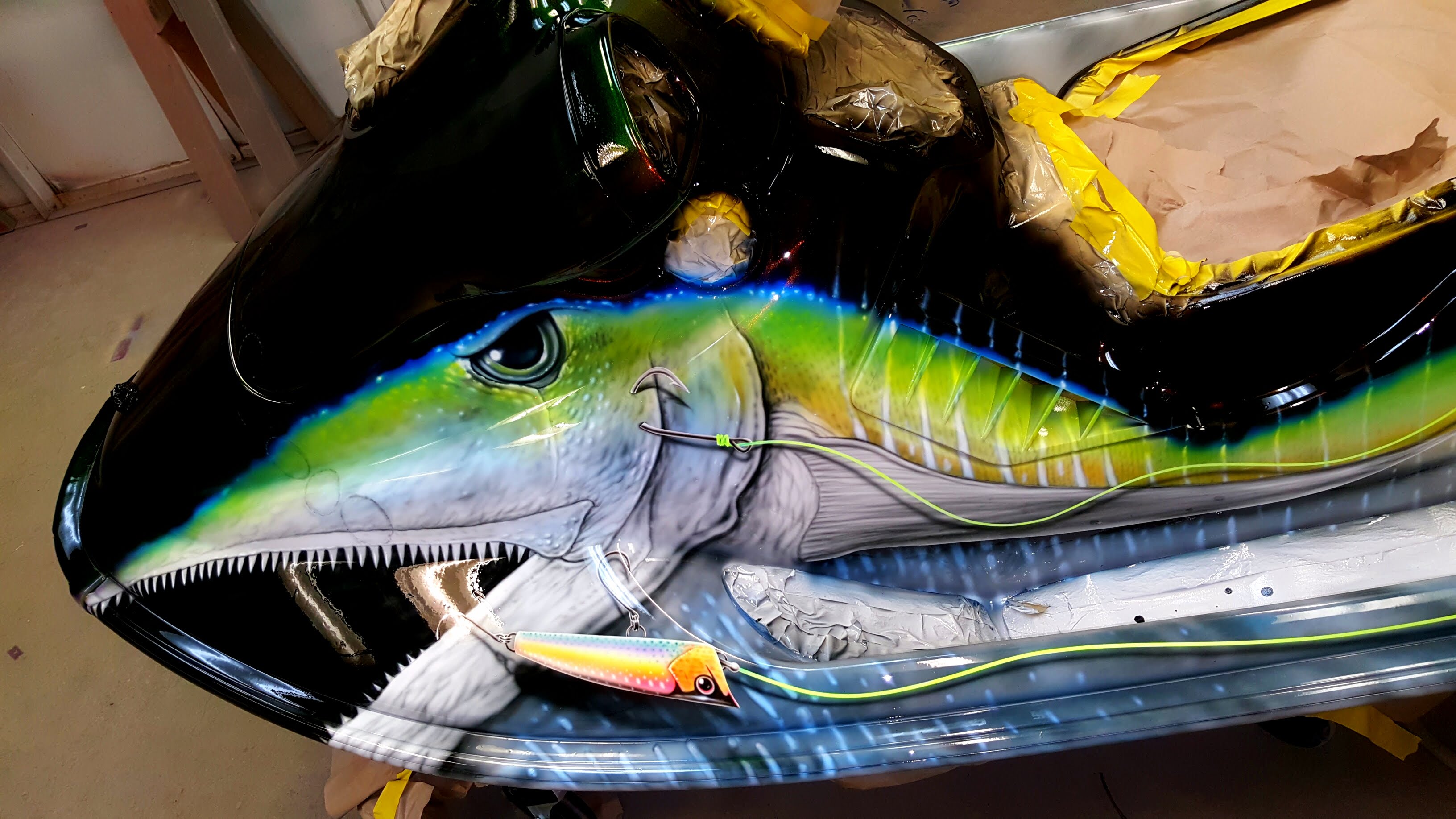 Custom Boat Paint Job of a Shark in Maryland with Fishing Lures.