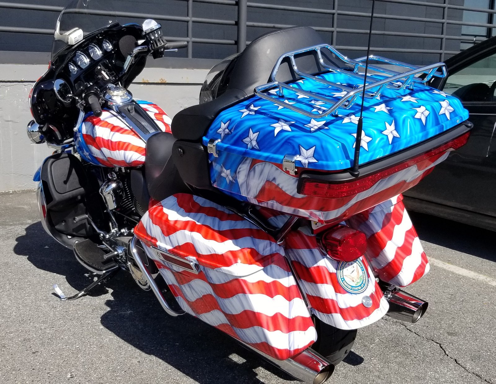 Back View of American Flag USA Motorcycle.