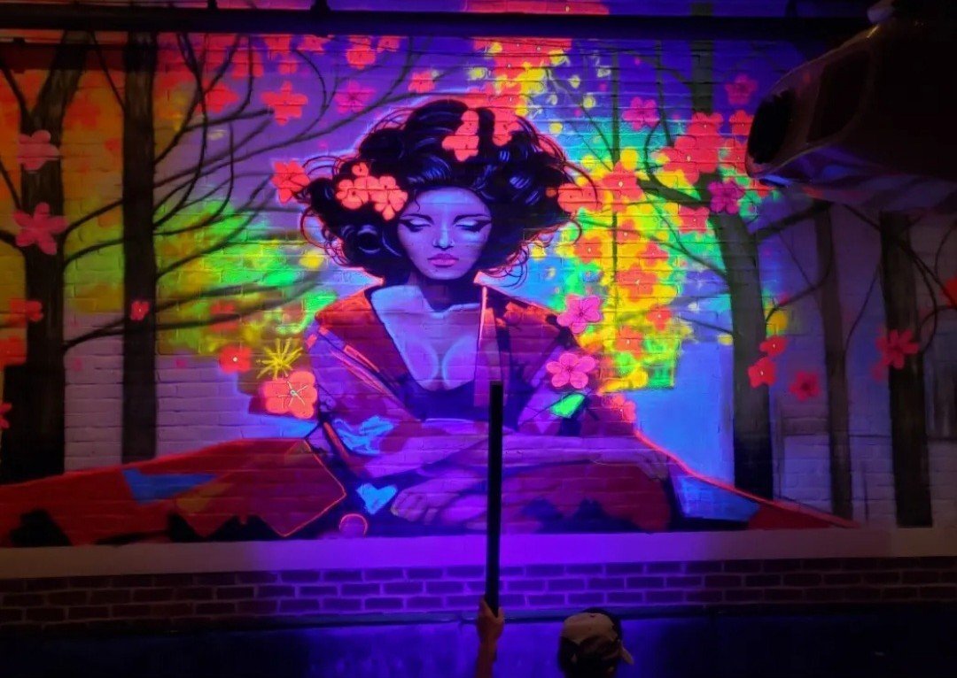 Mural Art of Woman Wearing Traditional Japanese Clothing Around Cherry Blossoms.